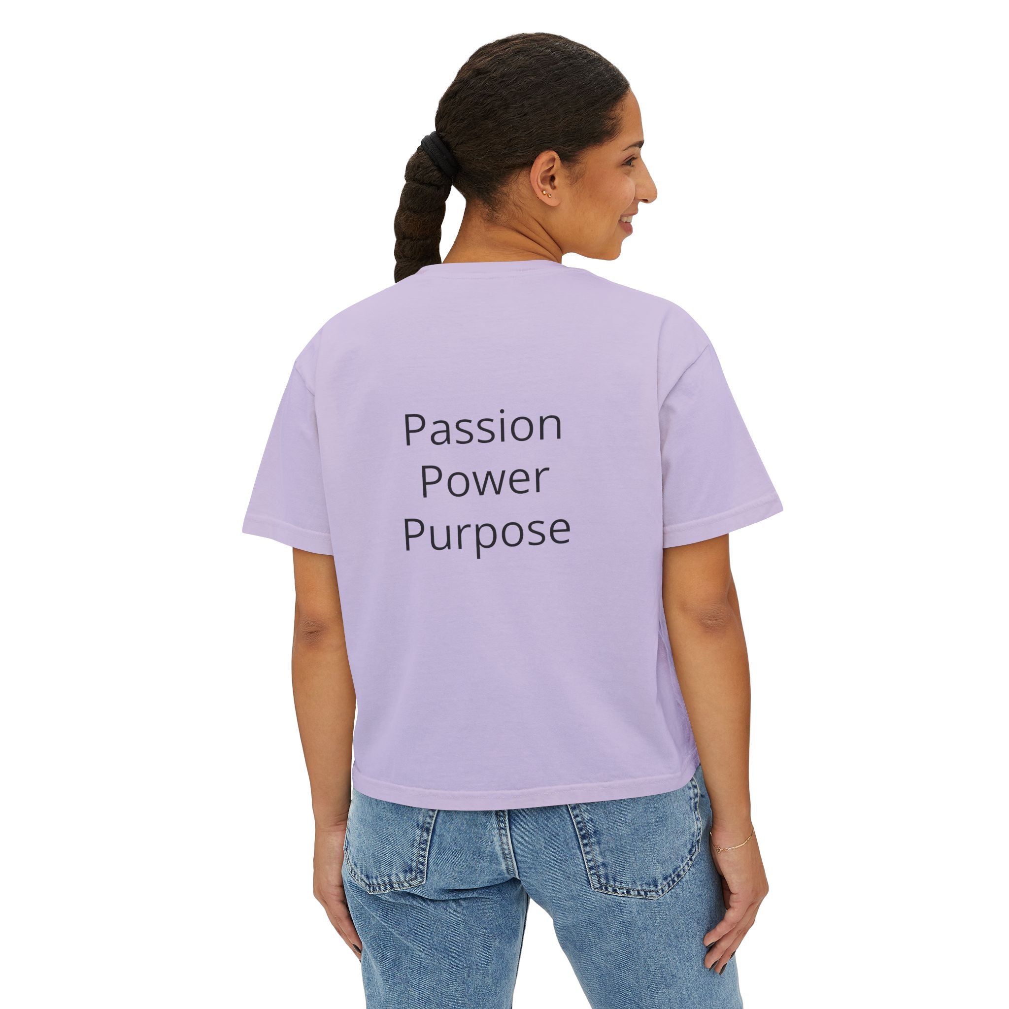 Women’s Boxy Tee — Passion Power Purpose Cropped Graphic Shirt
