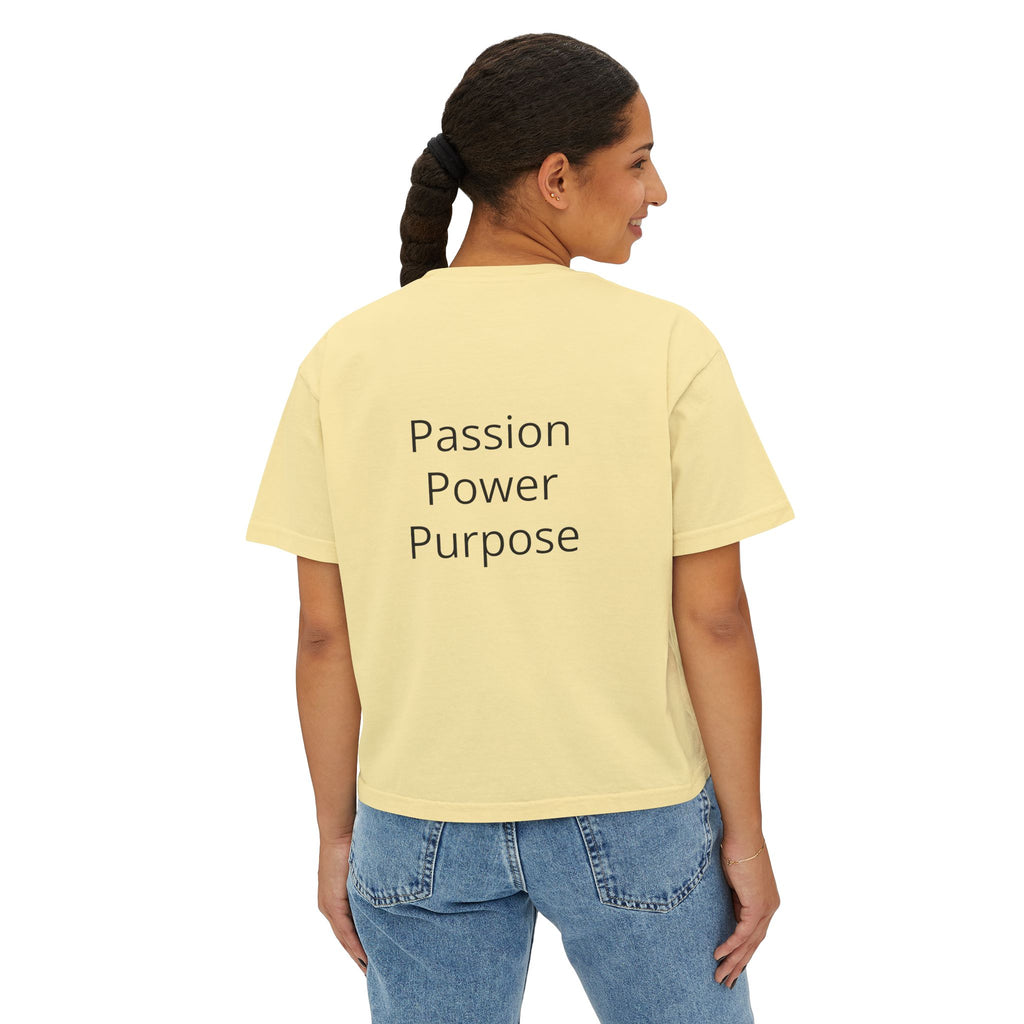 Women’s Boxy Tee — Passion Power Purpose Cropped Graphic Shirt