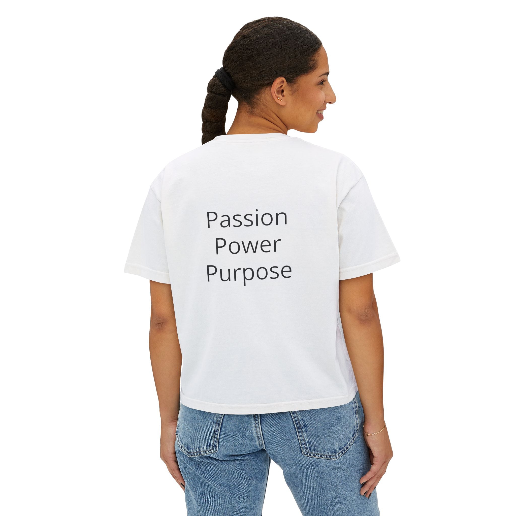 Women’s Boxy Tee — Passion Power Purpose Cropped Graphic Shirt
